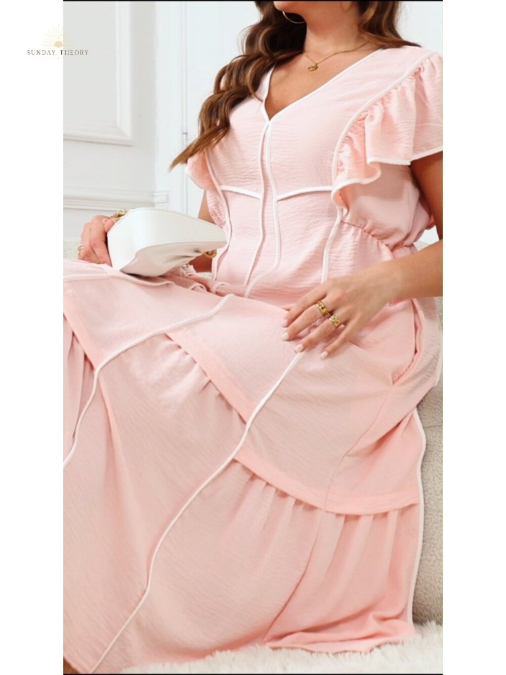 Wenrine 100% Polyester V Neck Midi Dress Ruffle Sleeve Loose Fit Flowy Casual - Picture 5 of 6